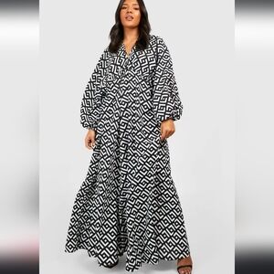Black and white plunge Maxi geometric print